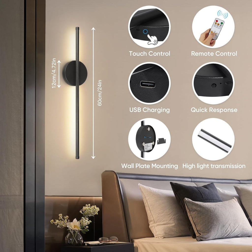 LED Wall Sconce with Remote Control – Modern Linear Wall Light Dimmable, Rechargeable Cordless Wall Lamp, Battery Operated Wall Sconce with 4 Brightness Levels, Black Wall Light for Bedroom Living Room Hallway