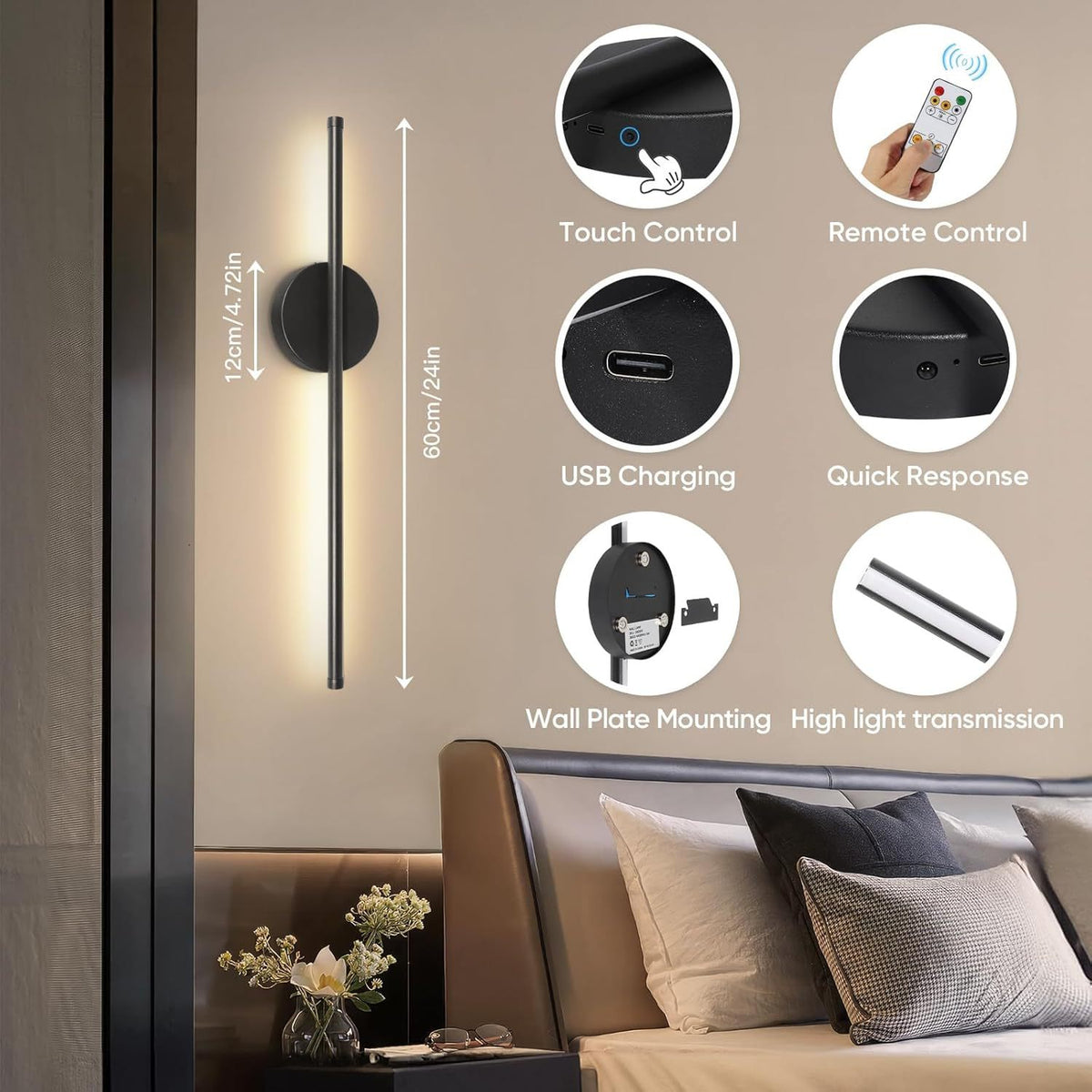 LED Wall Sconce with Remote Control – Modern Linear Wall Light Dimmable, Rechargeable Cordless Wall Lamp, Battery Operated Wall Sconce with 4 Brightness Levels, Black Wall Light for Bedroom Living Room Hallway