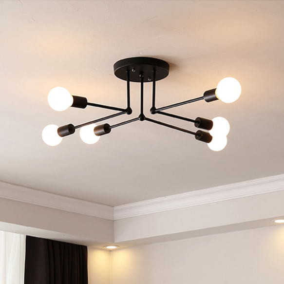 Sputnik Ceiling Light Fixture – Industrial 6-Light Semi Flush Mount Chandelier, Black Metal Mid Century Modern Ceiling Lamp, Exposed Bulb Chandelier for Living Room Dining Room Bedroom Kitchen