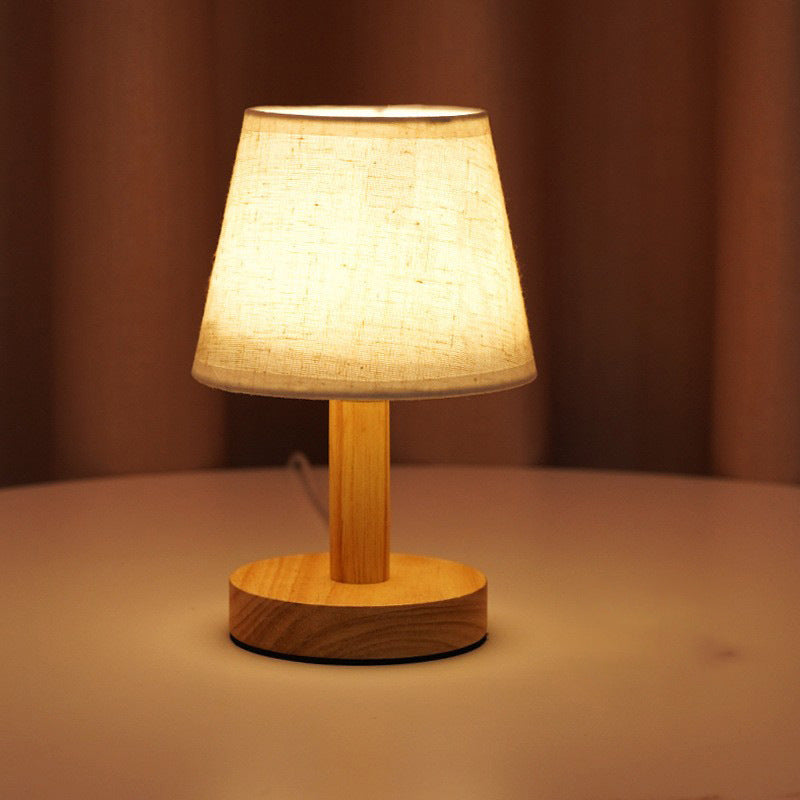 Small Wood Table Lamp – Bedside Nightstand Lamp with Linen Shade