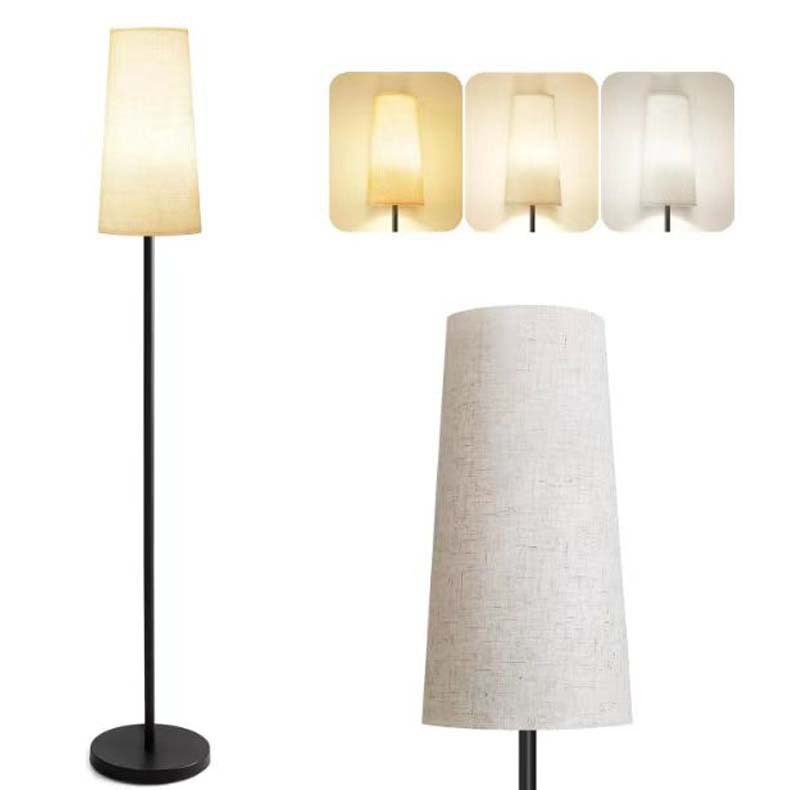 Modern Floor Lamp – Tall Black Metal Pole Standing Lamp with Tapered Linen Fabric Lampshade, 3 Color Temperature Warm White Daylight, Living Room Bedroom Reading Lamp