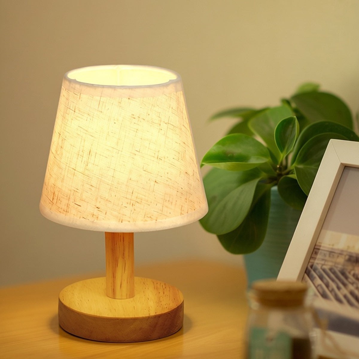Small Wood Table Lamp – Bedside Nightstand Lamp with Linen Shade