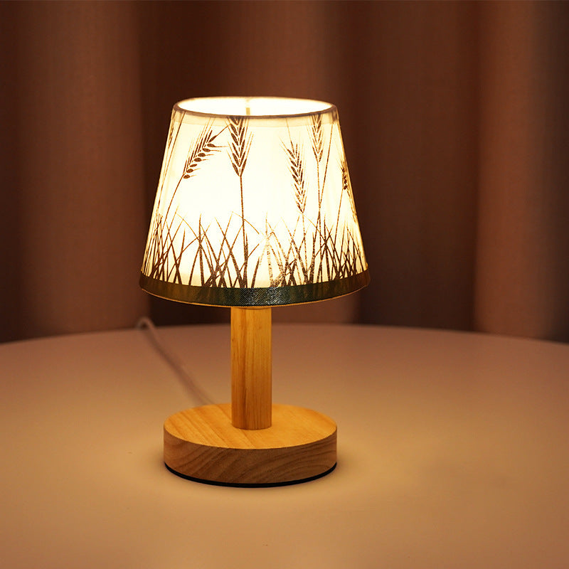 Small Wood Table Lamp – Bedside Nightstand Lamp with Linen Shade