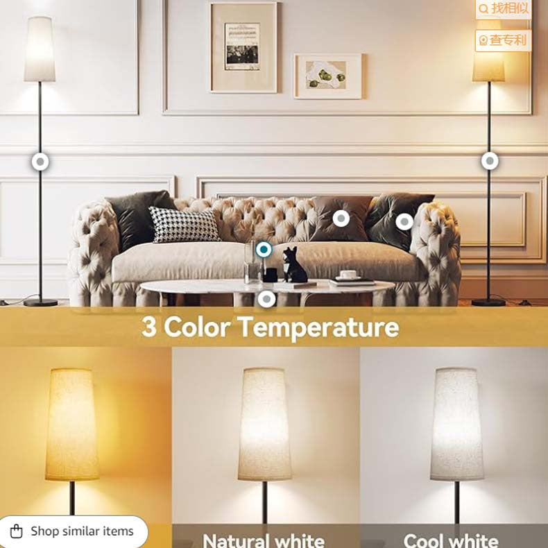 Modern Floor Lamp – Tall Black Metal Pole Standing Lamp with Tapered Linen Fabric Lampshade, 3 Color Temperature Warm White Daylight, Living Room Bedroom Reading Lamp