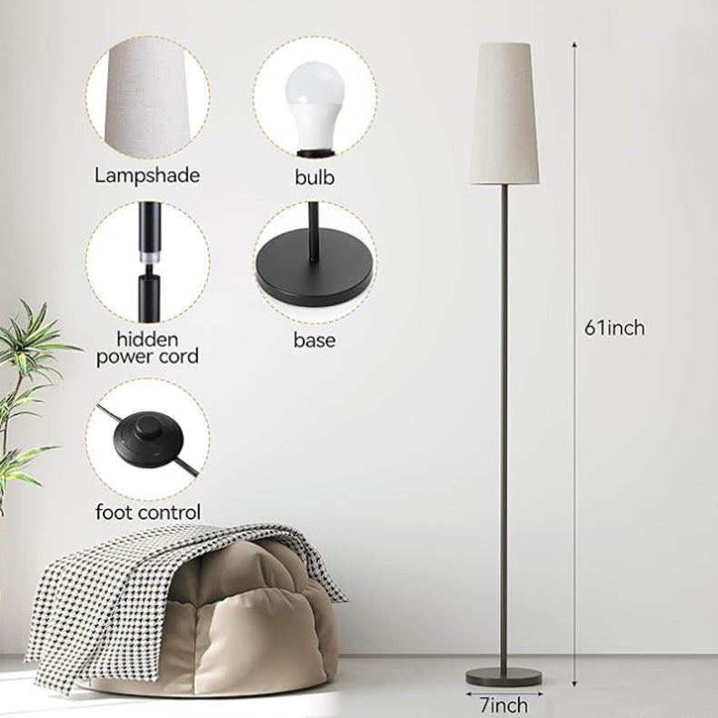 Modern Floor Lamp – Tall Black Metal Pole Standing Lamp with Tapered Linen Fabric Lampshade, 3 Color Temperature Warm White Daylight, Living Room Bedroom Reading Lamp