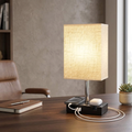 Touch Control Bedside Table Lamp with USB Ports and Outlets – Square Fabric Shade Nightstand Lamp, 3-Way Dimmable Touch Lamp with Charging Station, USB C Fast Charging, Wood Base Small Lamp for Bedroom Living Room