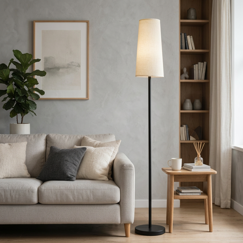 Modern Floor Lamp – Tall Black Metal Pole Standing Lamp with Tapered Linen Fabric Lampshade, 3 Color Temperature Warm White Daylight, Living Room Bedroom Reading Lamp