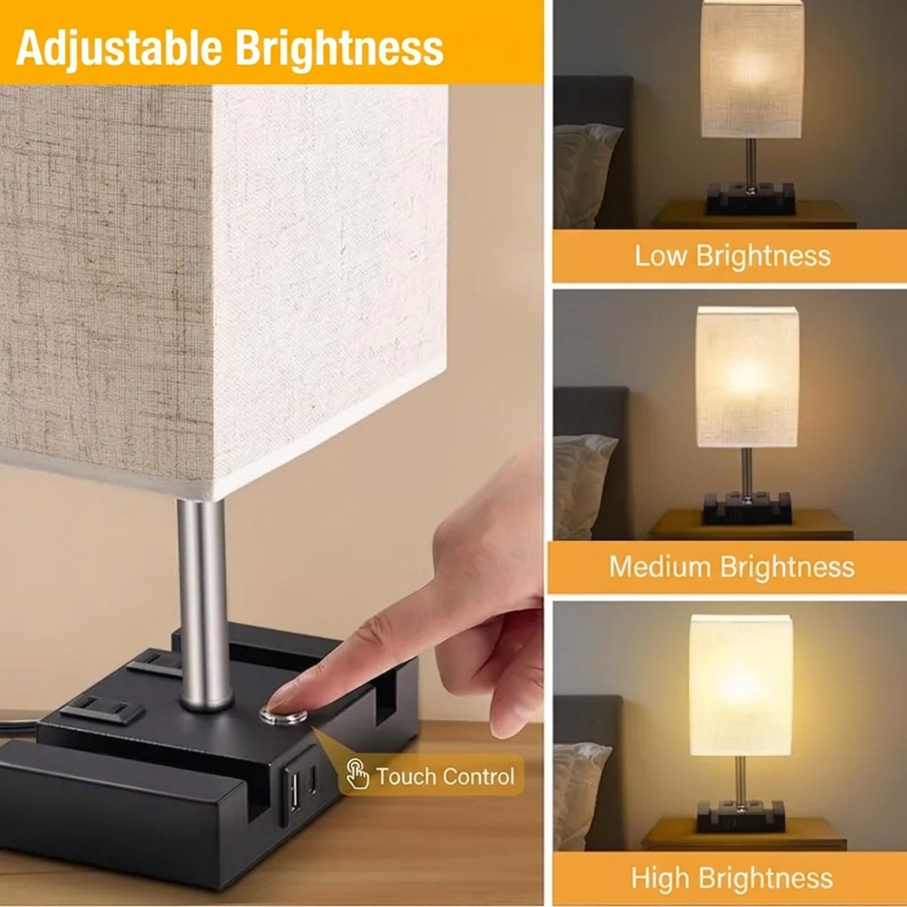 Touch Control Bedside Table Lamp with USB Ports and Outlets – Square Fabric Shade Nightstand Lamp, 3-Way Dimmable Touch Lamp with Charging Station, USB C Fast Charging, Wood Base Small Lamp for Bedroom Living Room