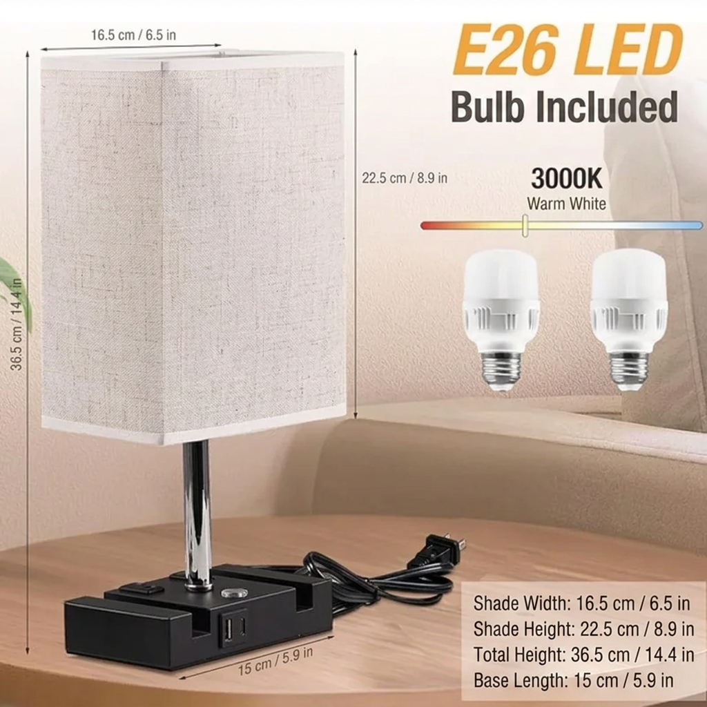 Touch Control Bedside Table Lamp with USB Ports and Outlets – Square Fabric Shade Nightstand Lamp, 3-Way Dimmable Touch Lamp with Charging Station, USB C Fast Charging, Wood Base Small Lamp for Bedroom Living Room