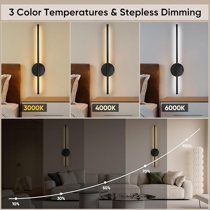 LED Wall Sconce with Remote Control – Modern Linear Wall Light Dimmable, Rechargeable Cordless Wall Lamp, Battery Operated Wall Sconce with 4 Brightness Levels, Black Wall Light for Bedroom Living Room Hallway