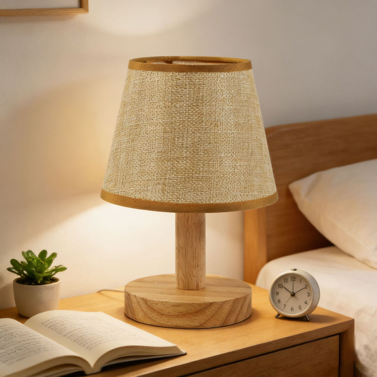 Small Wood Table Lamp – Bedside Nightstand Lamp with Linen Shade